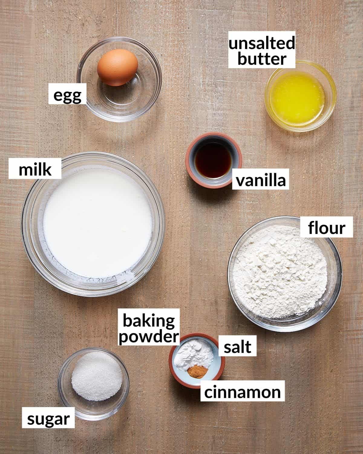 Overhead image of ingredients needed to make pancakes on a cast iron.