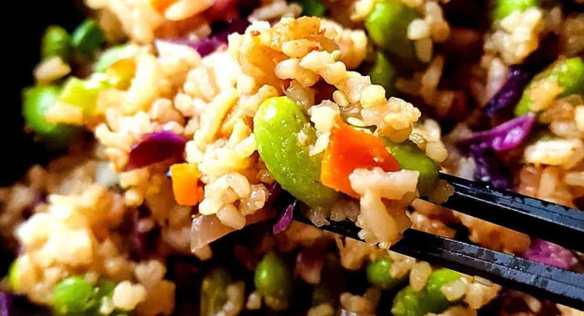Up close image of edamame rice.