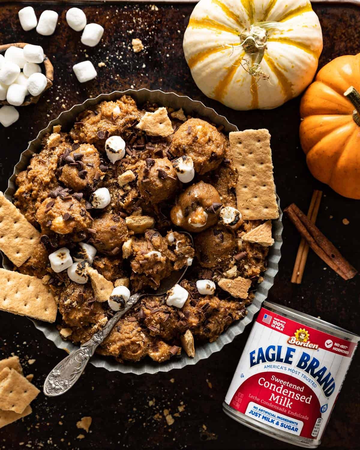 overhead of edible pumpkin cookie dough in a tray