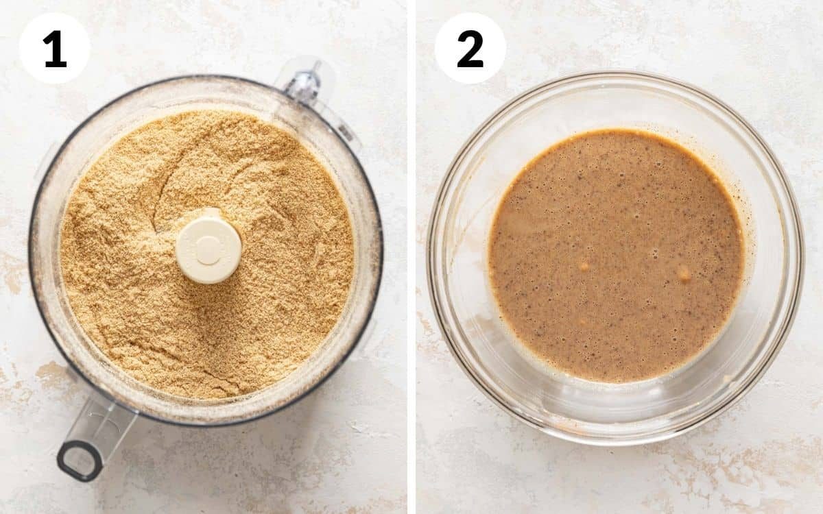 steps 1 & 2 graham cracker pulsed in food processor bowl wet ingredients mixed together in bowl