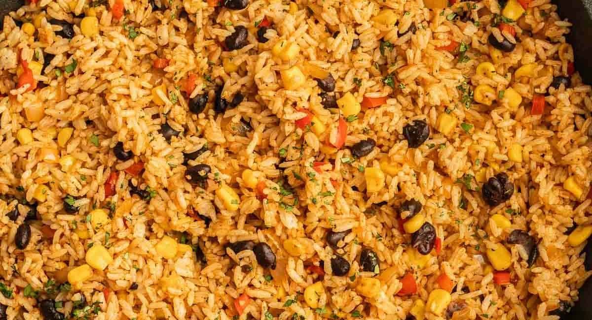 Up close overhead image of Mexican fried rice.