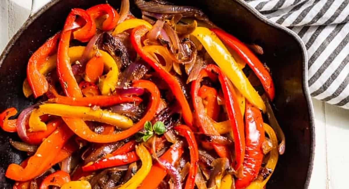 Overhead image of fajita veggies recipe.