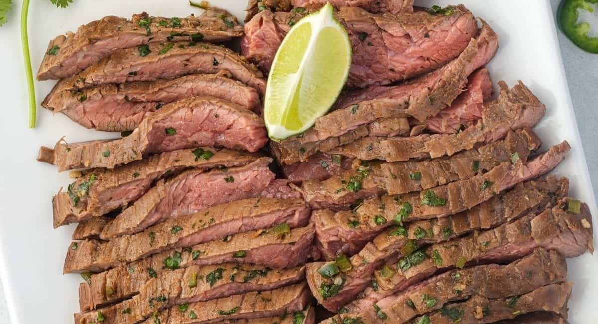 Overhead image of air fryer flank steak.