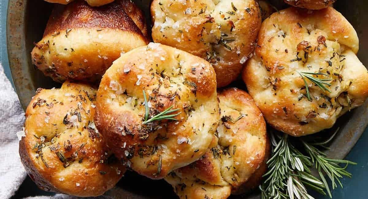 Overhead image of garlic rosemary focaccia muffins.