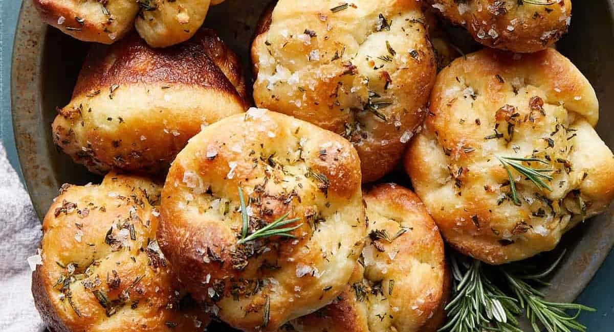 Overhead image of garlic rosemary focaccia muffins.