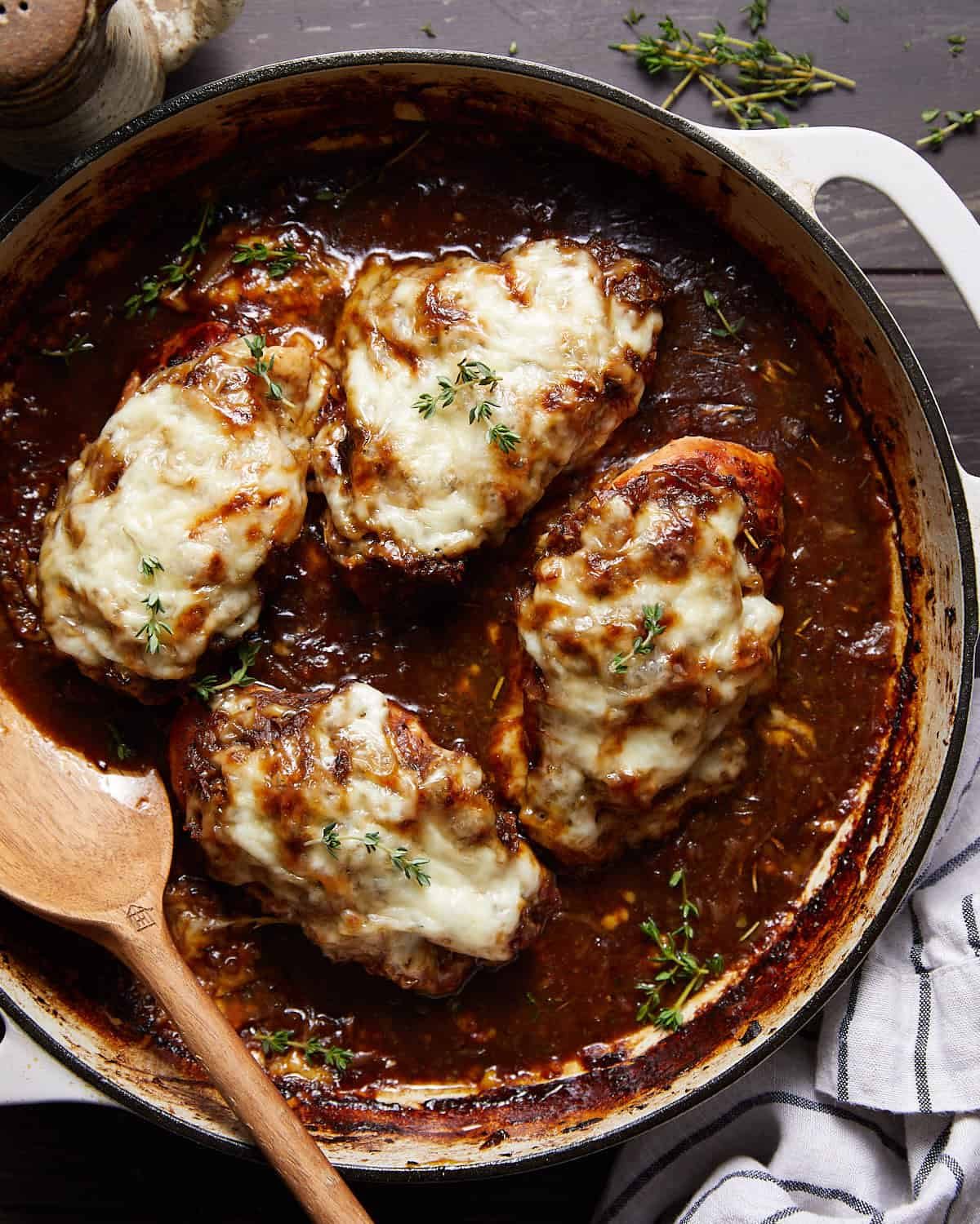 Overhead image of french onion chicken bake.