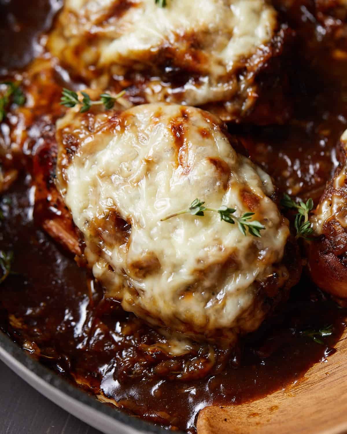 Overhead and up close image of french onion chicken bake.