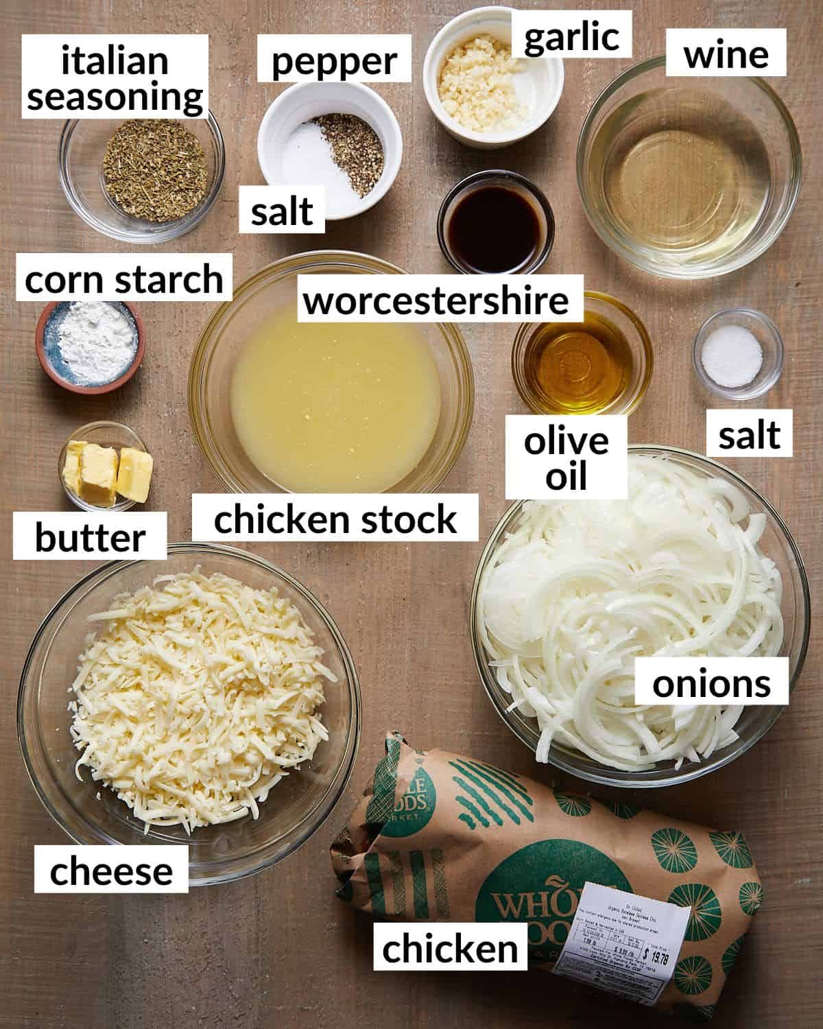 Overhead image of ingredients needed to make french onion chicken bake.