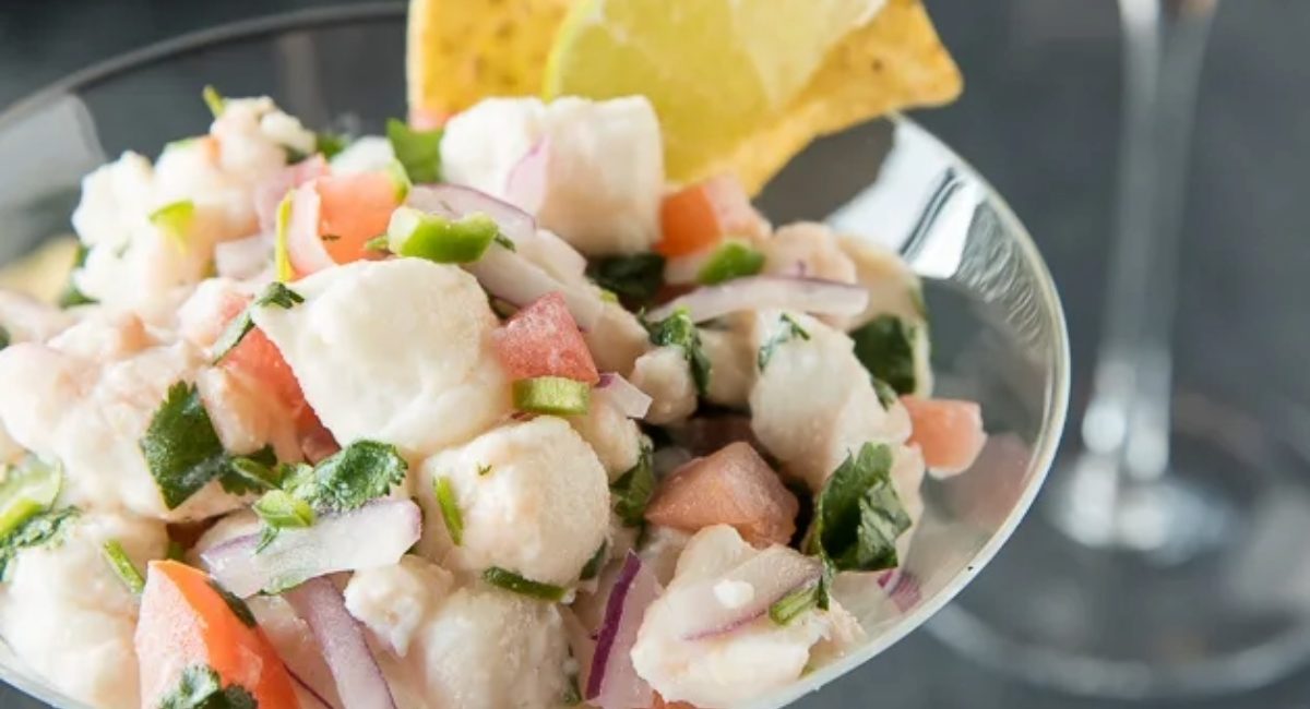 Up close image of halibut ceviche with garnish.