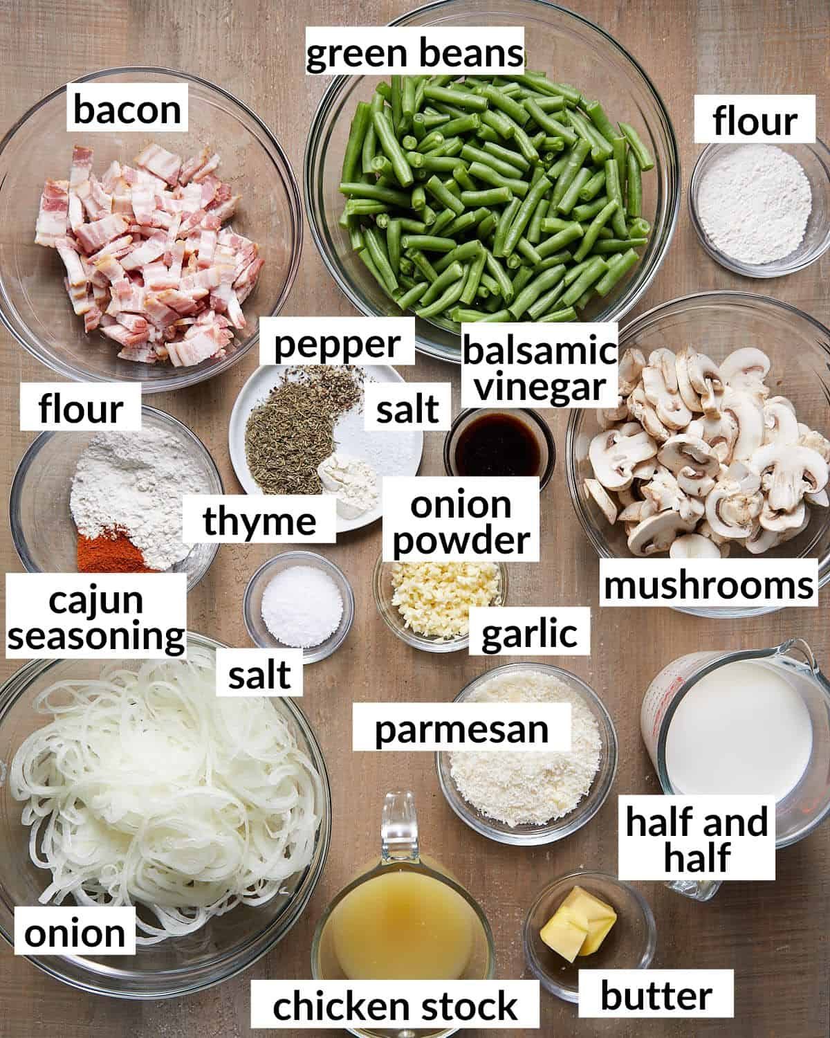 Overhead image of ingredients needed to make green bean casserole with bacon and mushrooms.