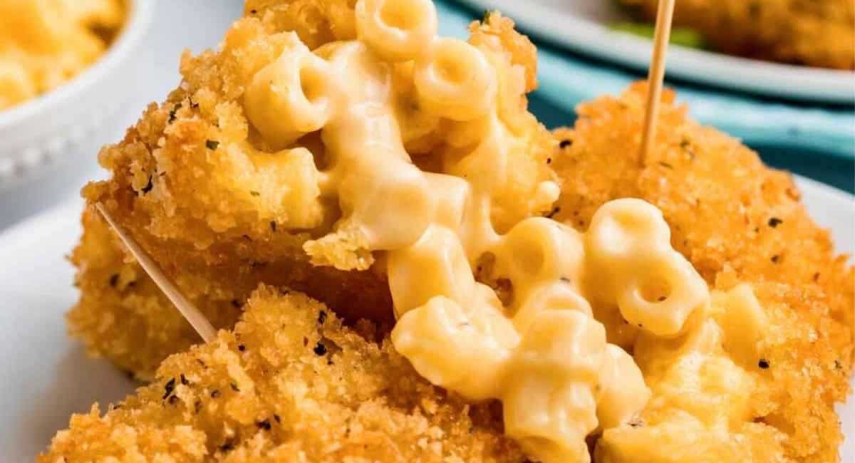Up close image of fried mac and cheese bites.