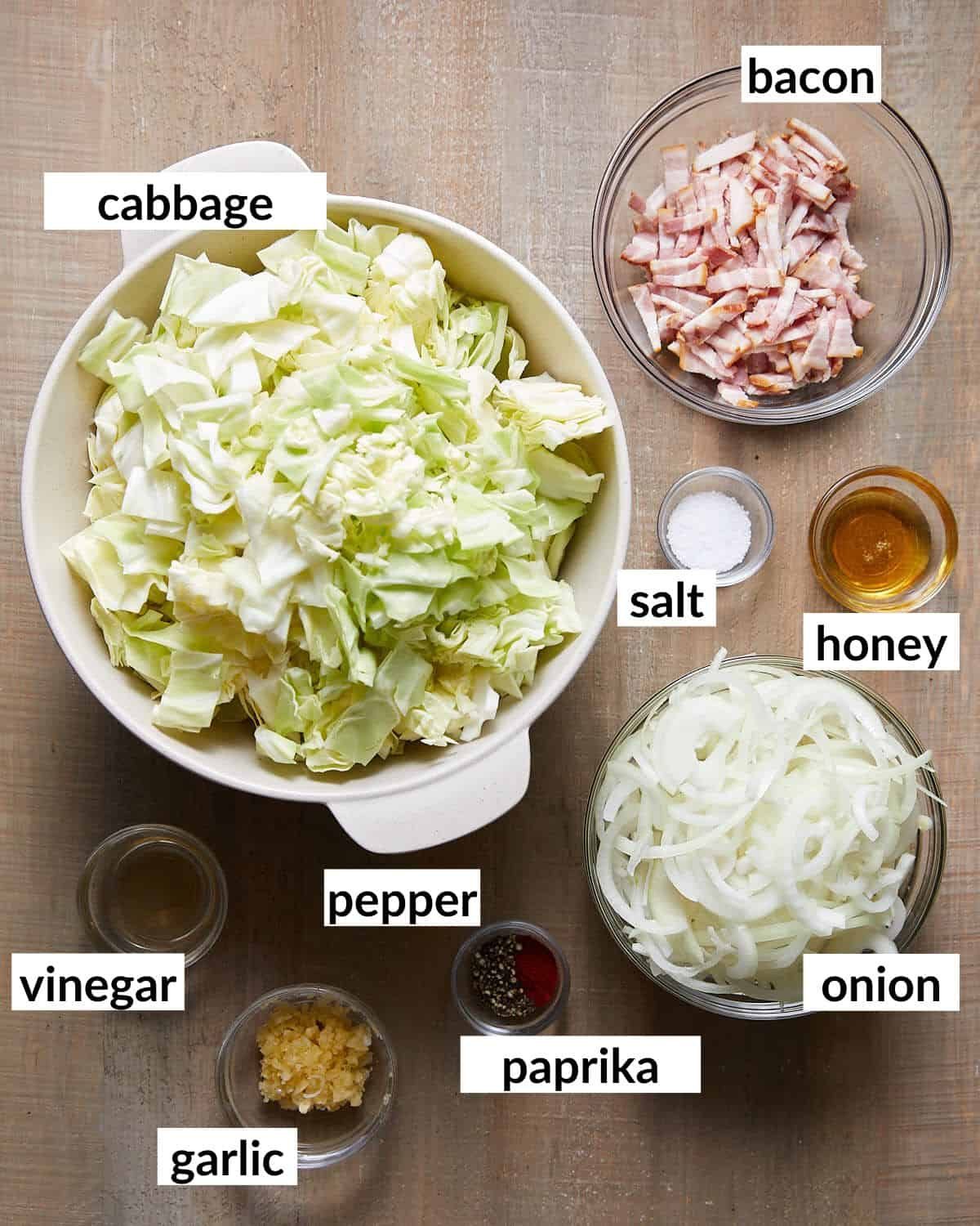 Overhead image of ingredients needed to make fried cabbage with bacon & onion.