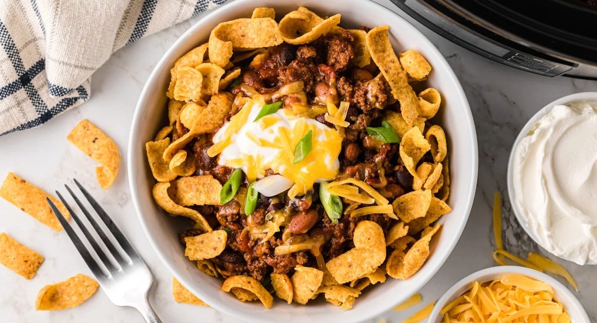 Overhead image of slow cooker frito pie with garnish.