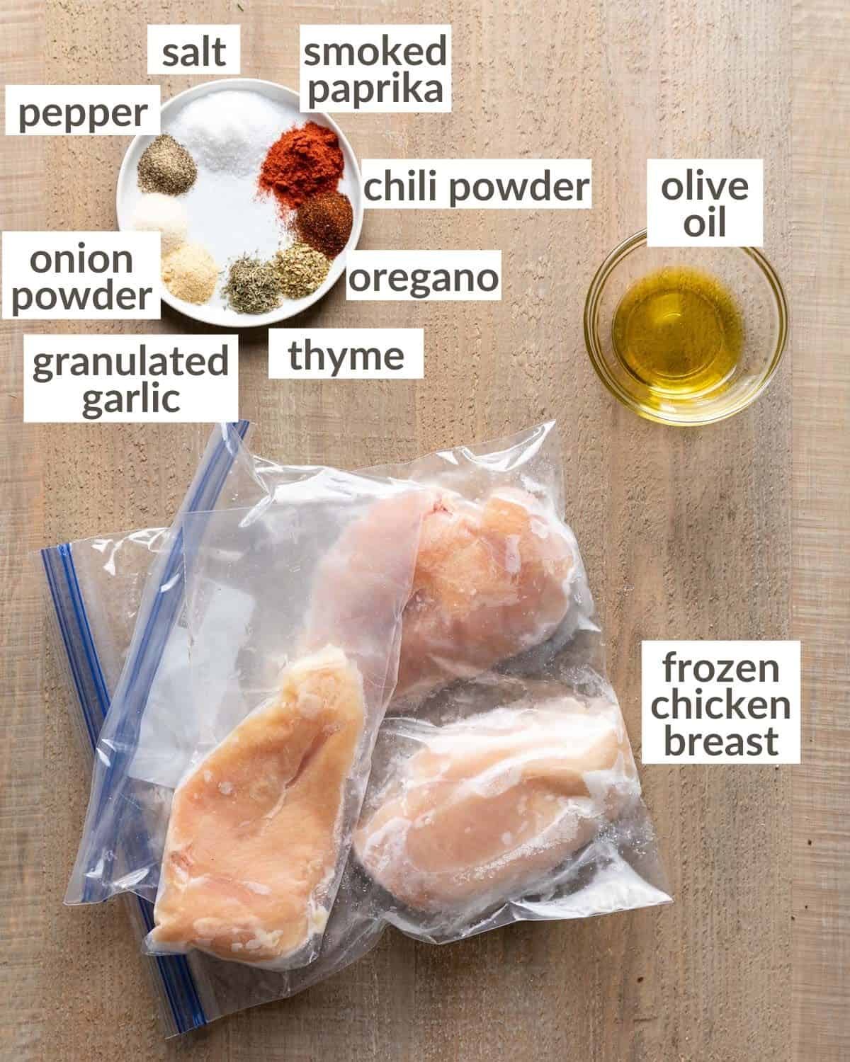 Overhead image of ingredients needed to make air fryer frozen chicken breasts.
