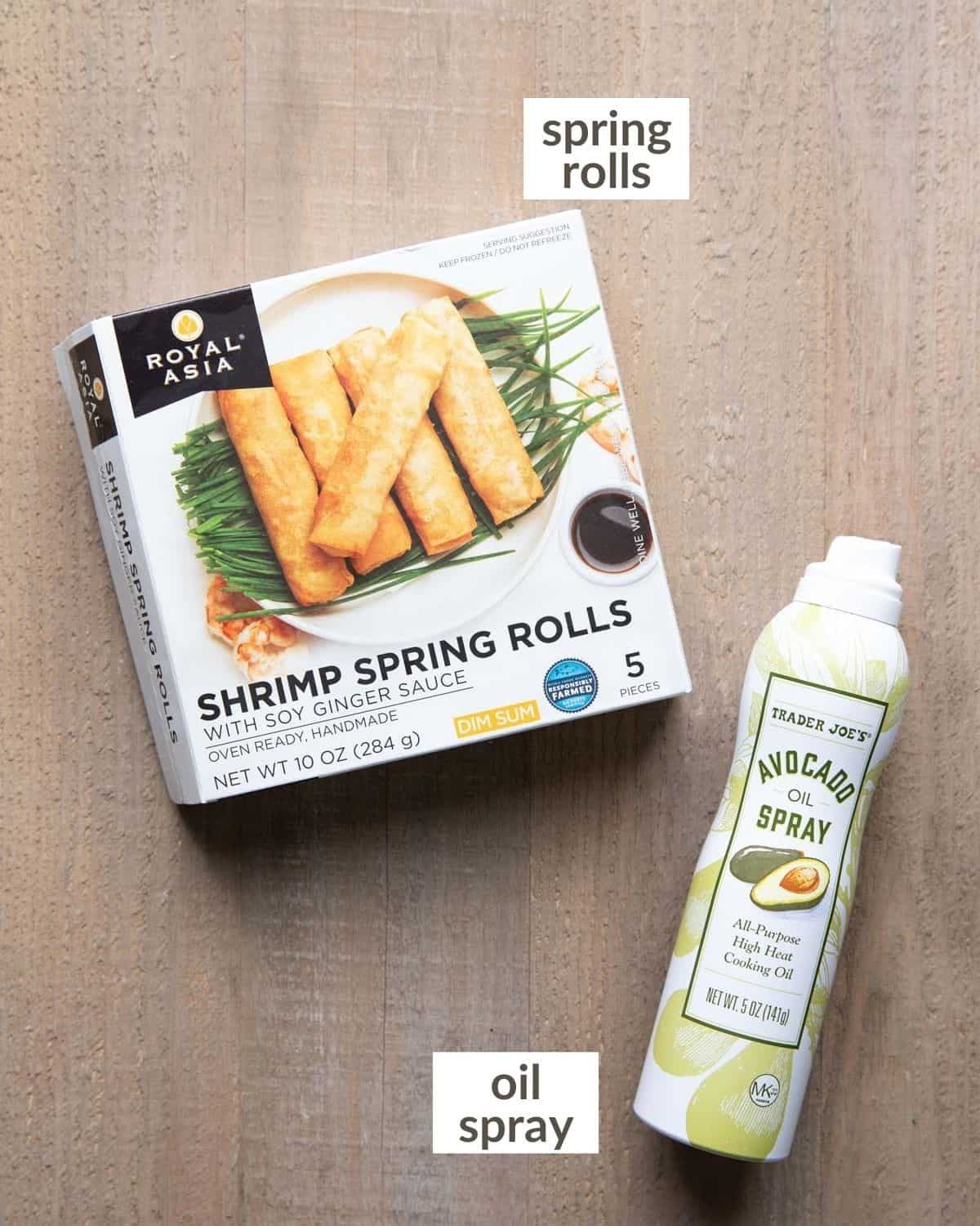 Overhead image of ingredients needed to make air fryer frozen spring rolls.
