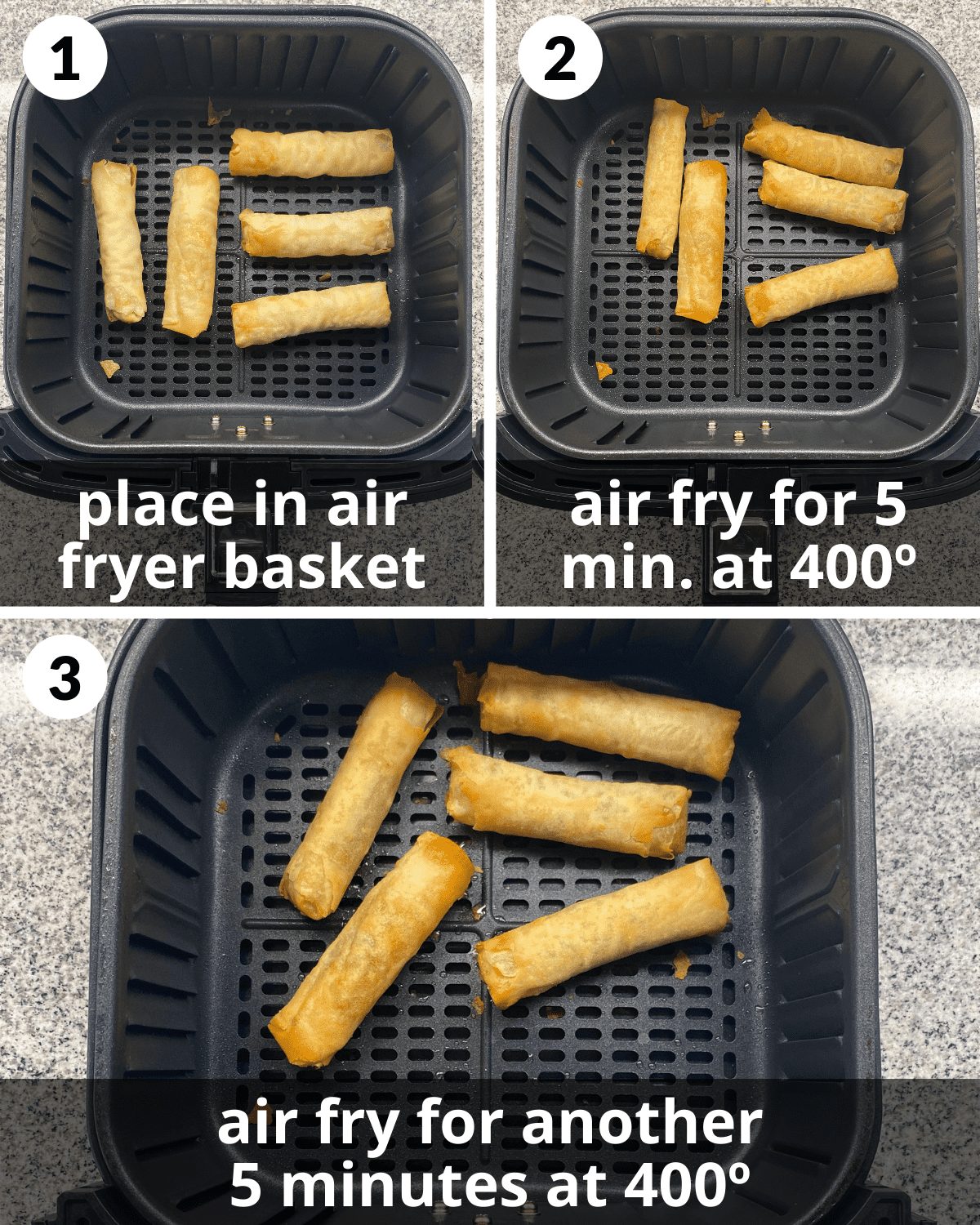 A 3 photo collage showing the steps for air fryer frozen spring rolls.