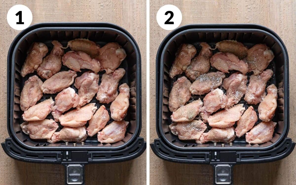steps 1 & 2 frozen chicken wings in air fryer basket wings seasoned with salt and pepper