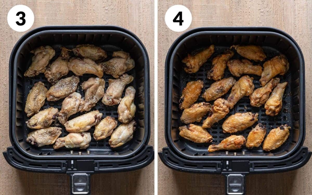 steps 3 & 4 chicken wings halfway through cooking finished chicken wings in air fryer basket