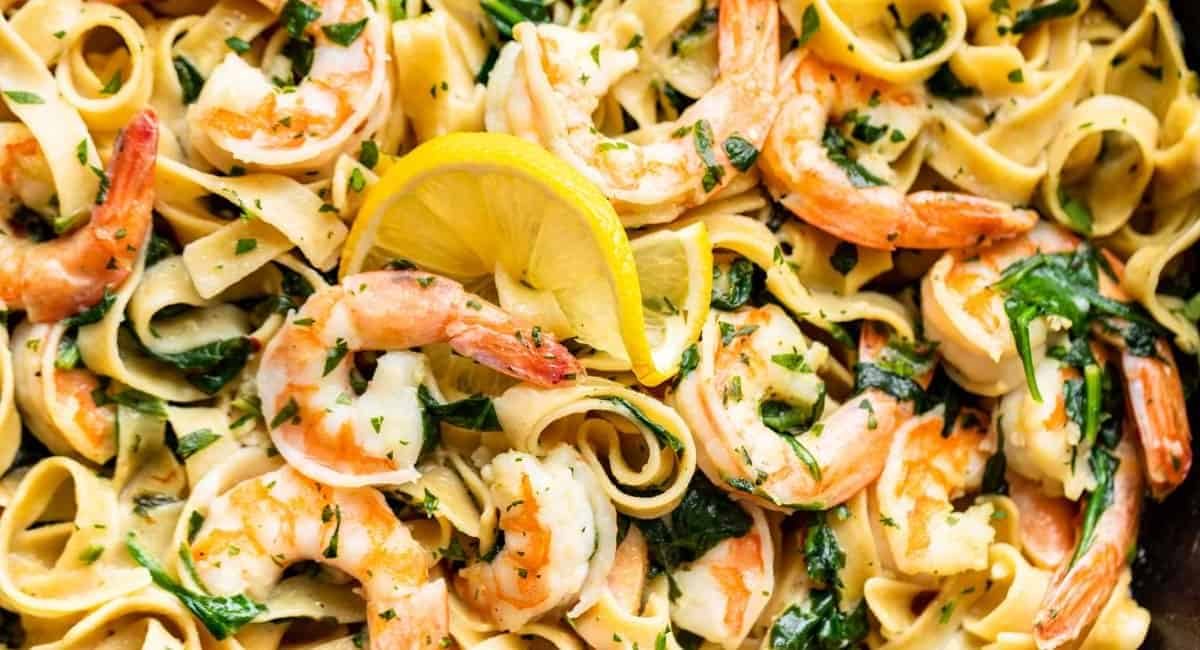 Overhead image of garlic butter shrimp pasta.