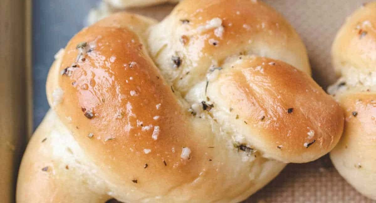 Up close overhead image of homemade garlic knots.
