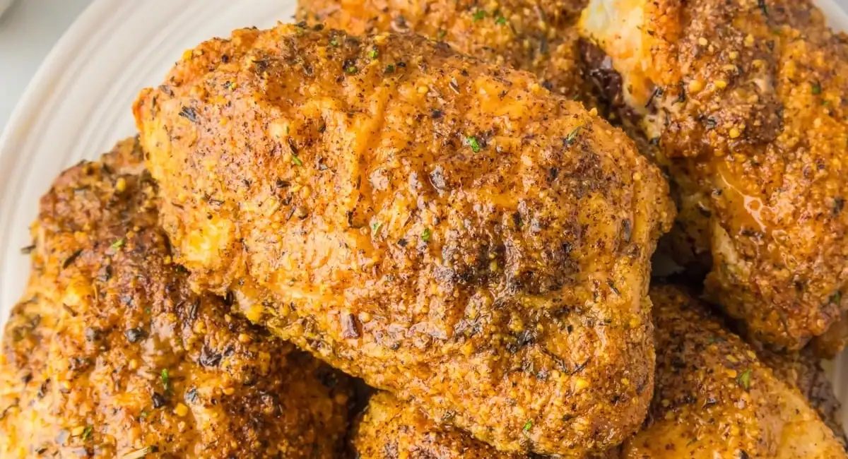 Up close overhead image of garlic parmesan chicken thighs on white dish.