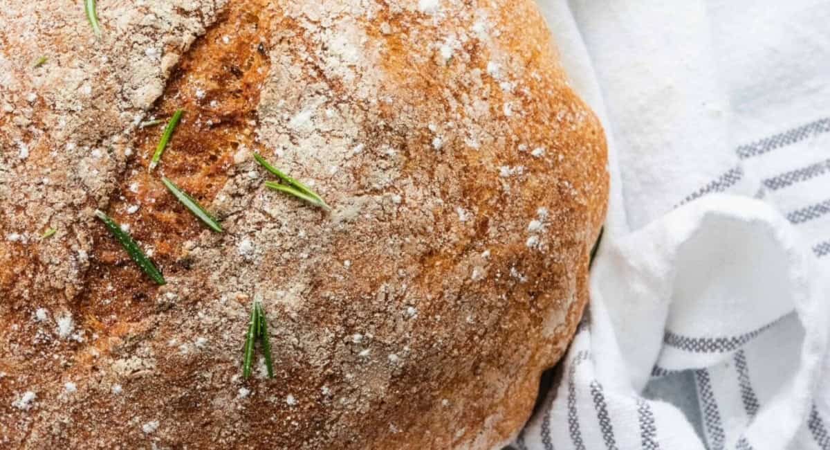 Overhead image of roasted garic & fresh rosemary dutch oven bread.