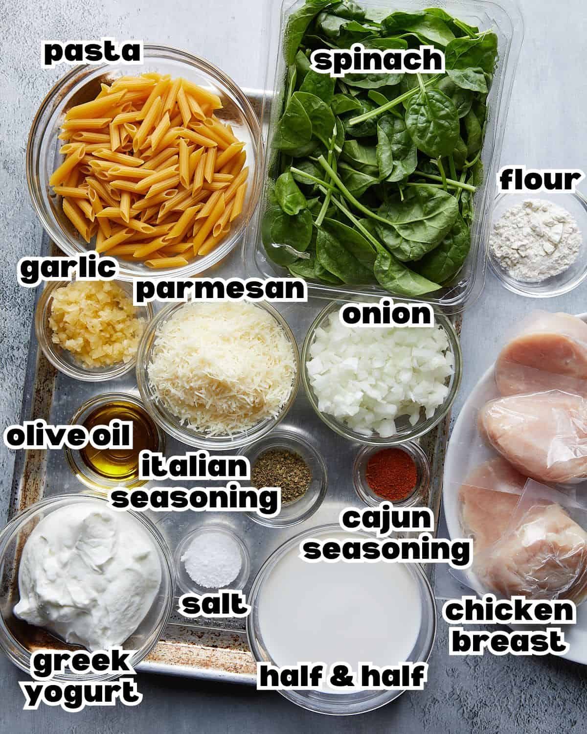 Overhead image of ingredients needed to make garlic chicken pasta.