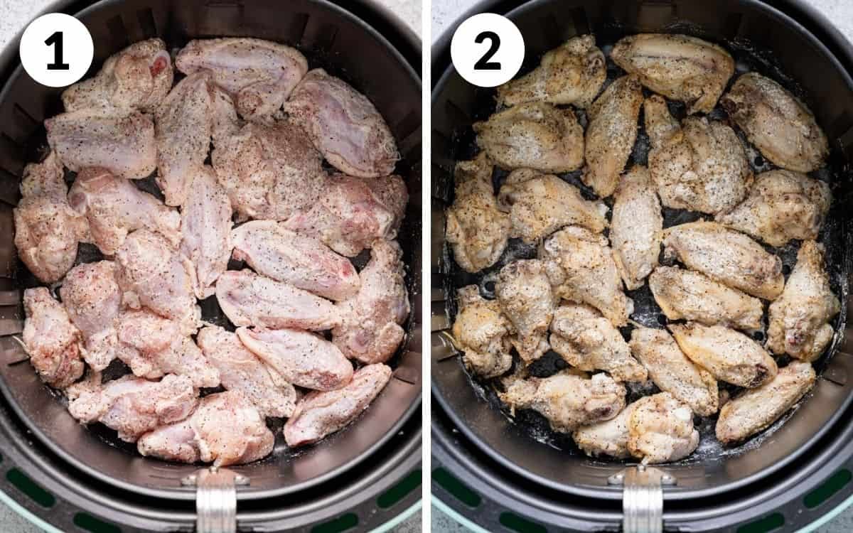 A 2 photo collage showing beginning steps of air fryer garlic parmesan wings.