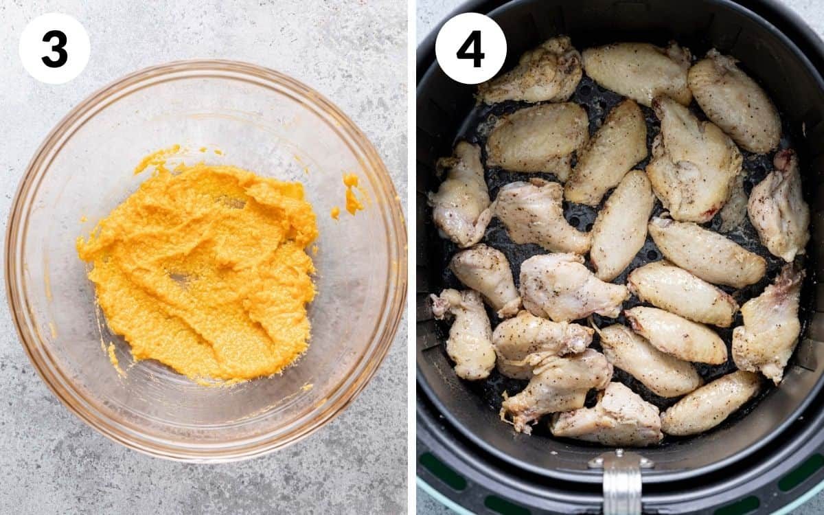 A 2 photo collage showing the middle steps of air fryer garlic parmesan wings.