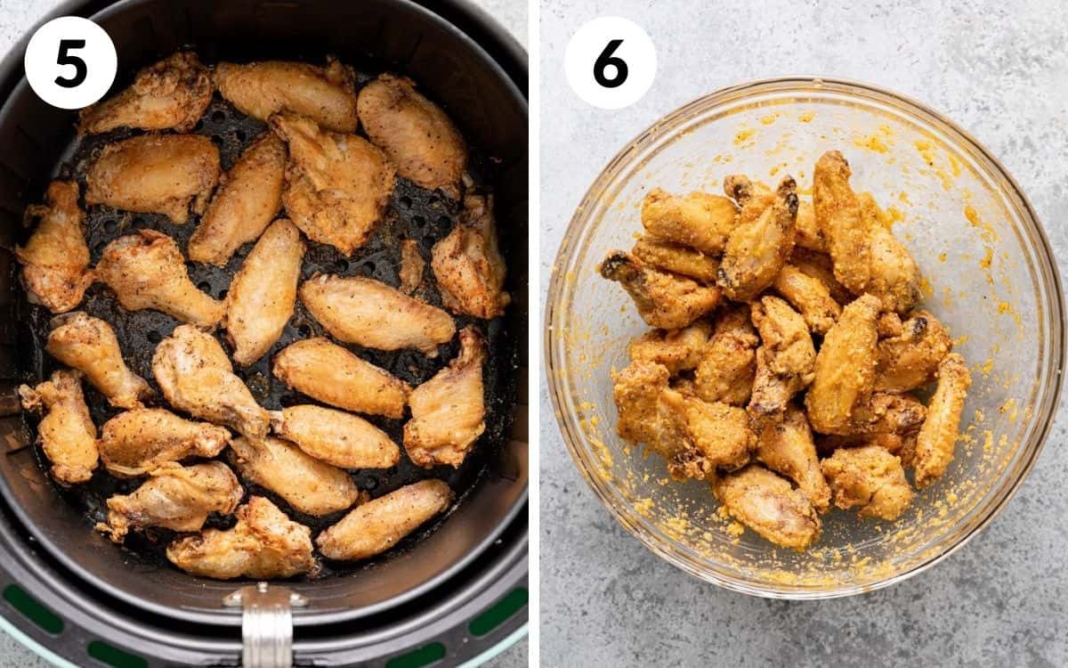 A 2 photo collage showing the final steps of air fryer garlic parmesan wings.