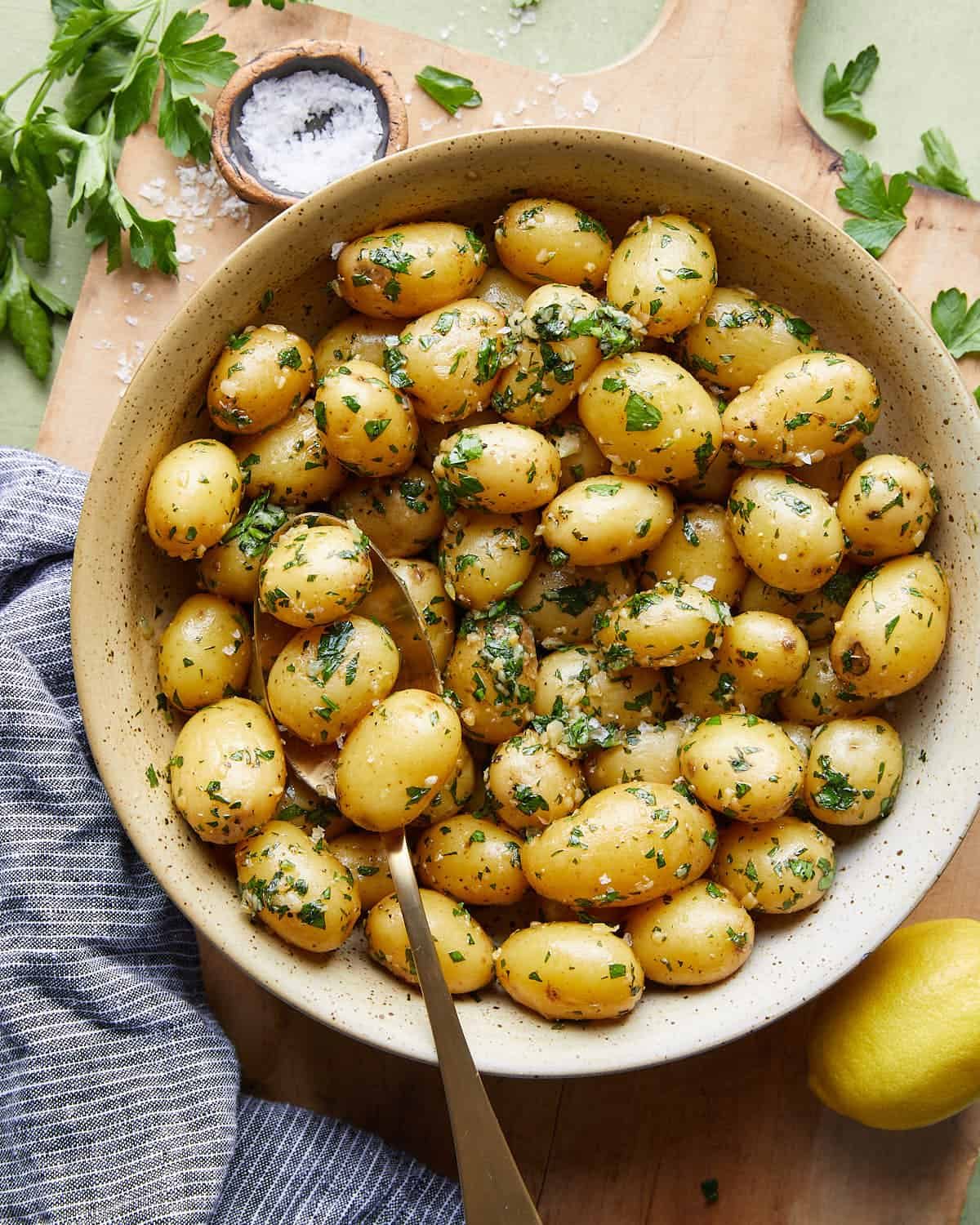 Overhead image of garlic parsley potatoes.