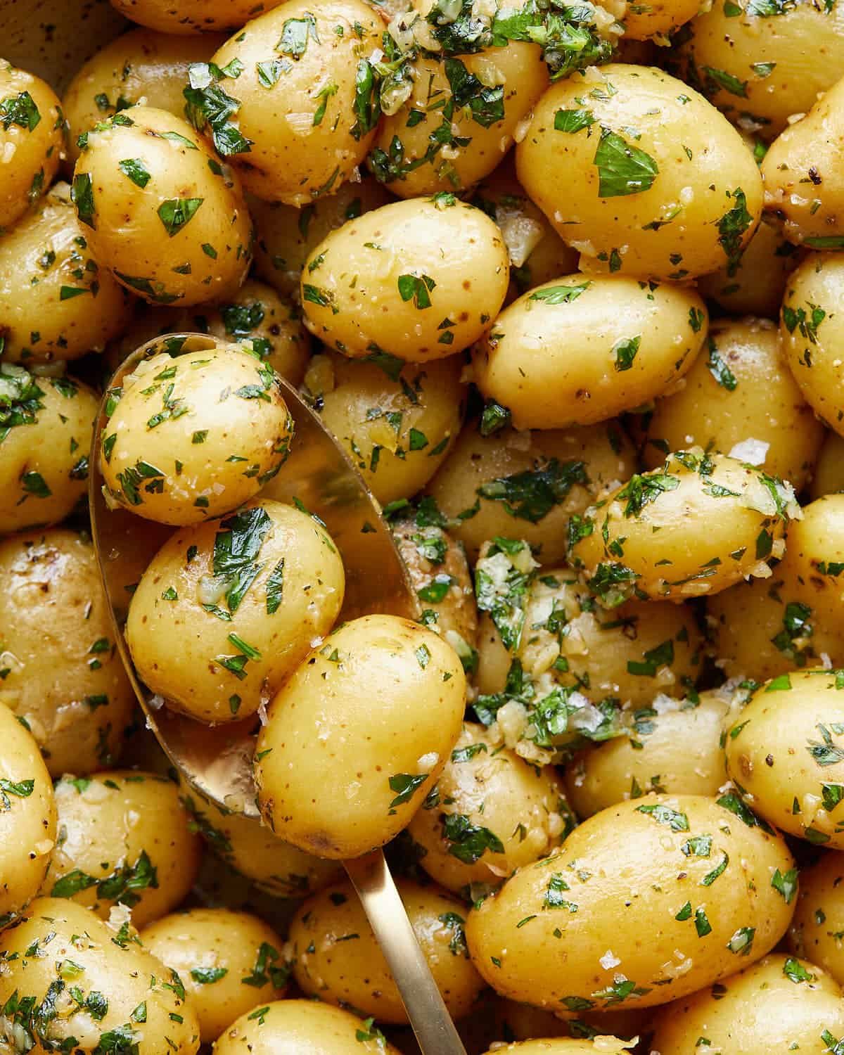 Up close image of garlic parsley potatoes.