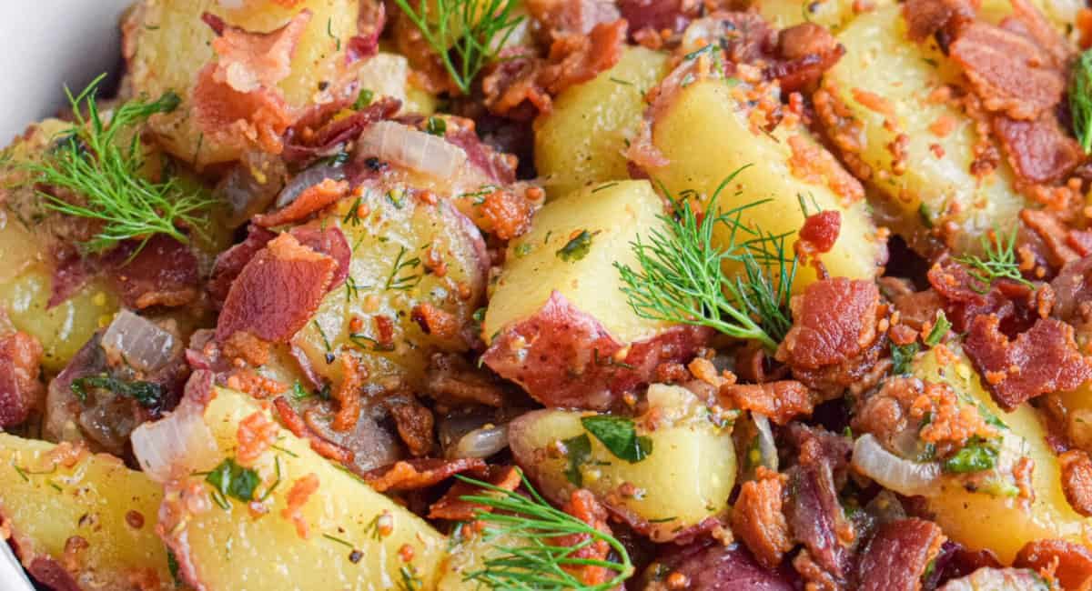 Up close overhead image of german potato salad.
