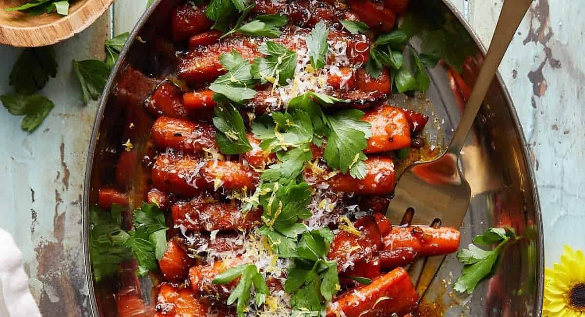 Overhead image of glazed stovetop carrots.