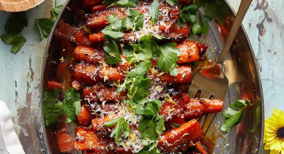 Overhead image of glazed stovetop carrots.