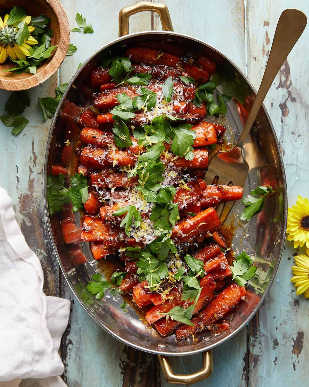 Overhead image of stovetop glazed carrots.