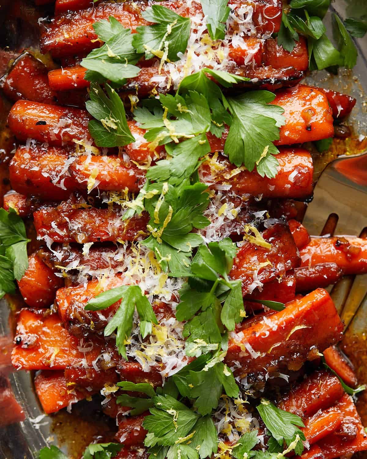 Up close image of stovetop glazed carrots.