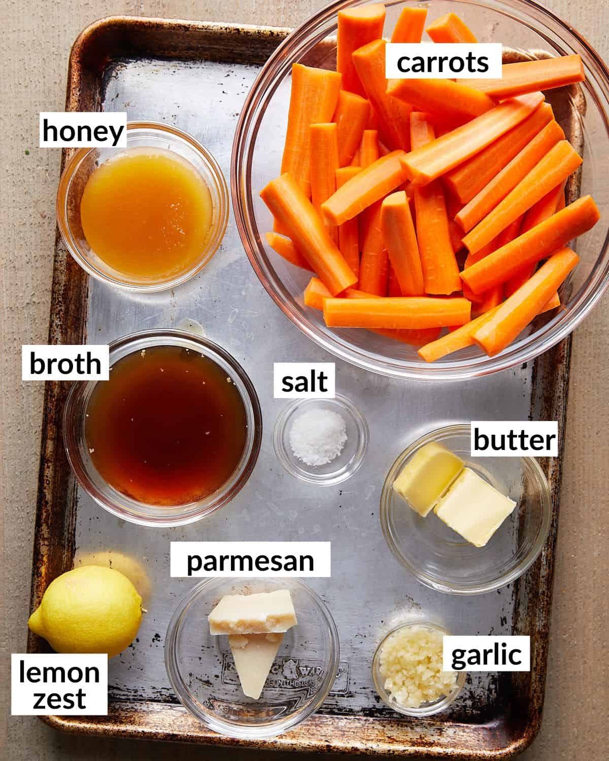 Overhead image of ingredients needed for stovetop glazed carrots.