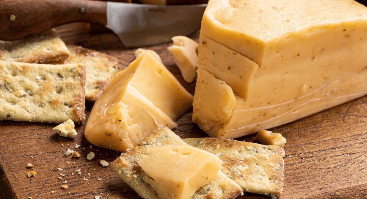 Up close image of gouda cheese.