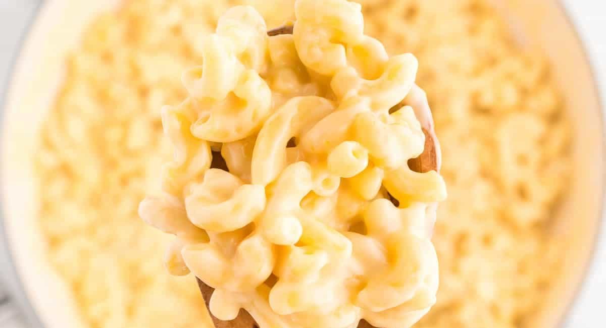 Overhead image of gouda mac and cheese.