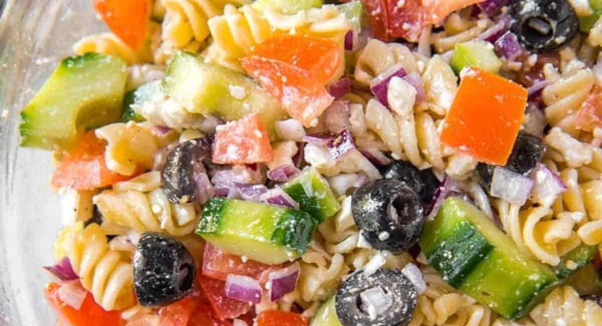 Overhead image of Greek pasta salad.