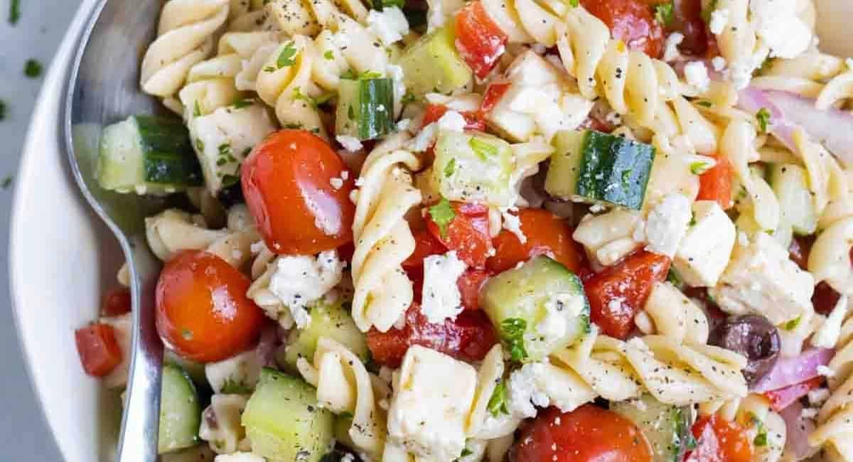 Overhead image of Greek pasta salad.