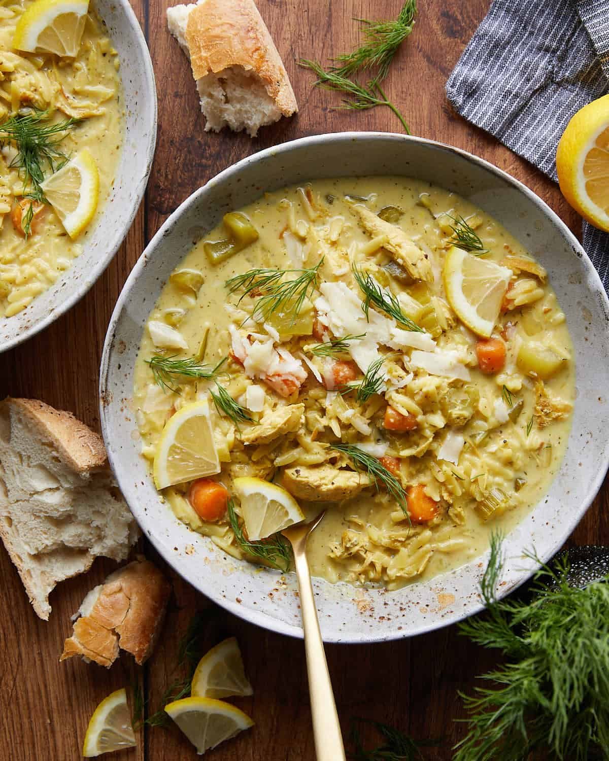 Overhead image of Greek lemon chicken soup with orzo.