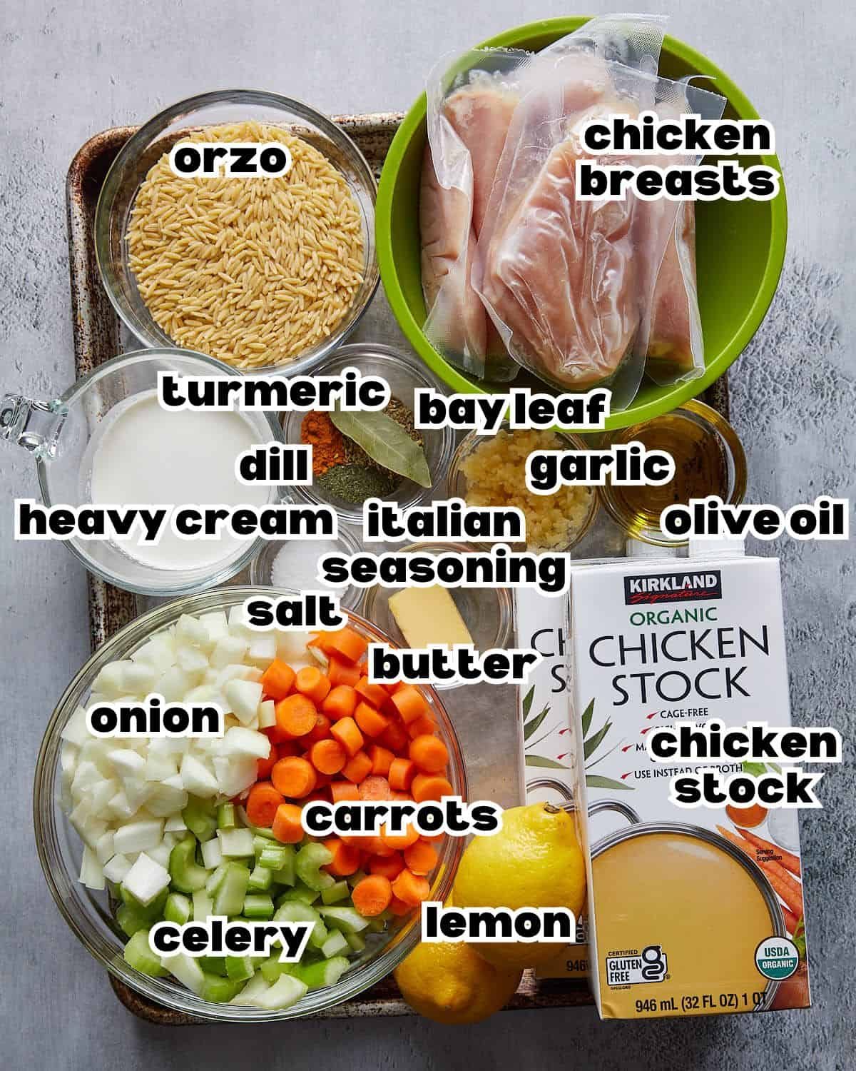 Overhead image of ingredients needed to make Greek lemon chicken soup with orzo.