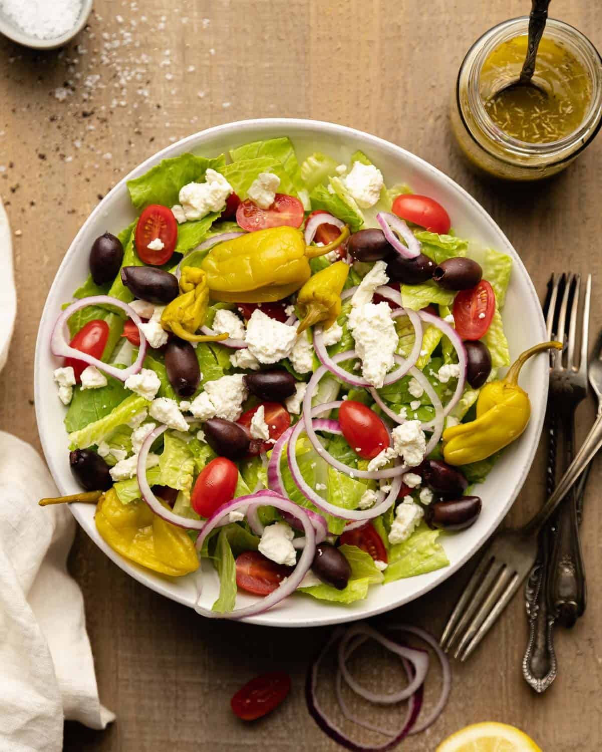 Overhead image of Panera Greek salad copycat.
