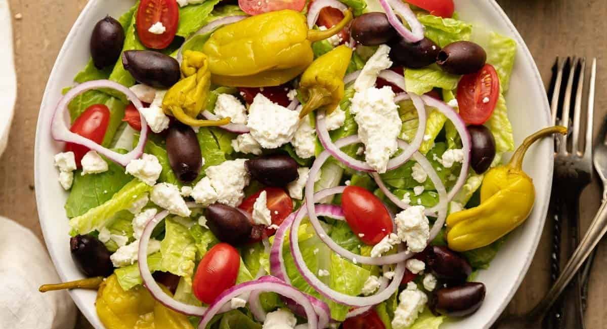Overhead image of Panera Greek salad copycat recipe.