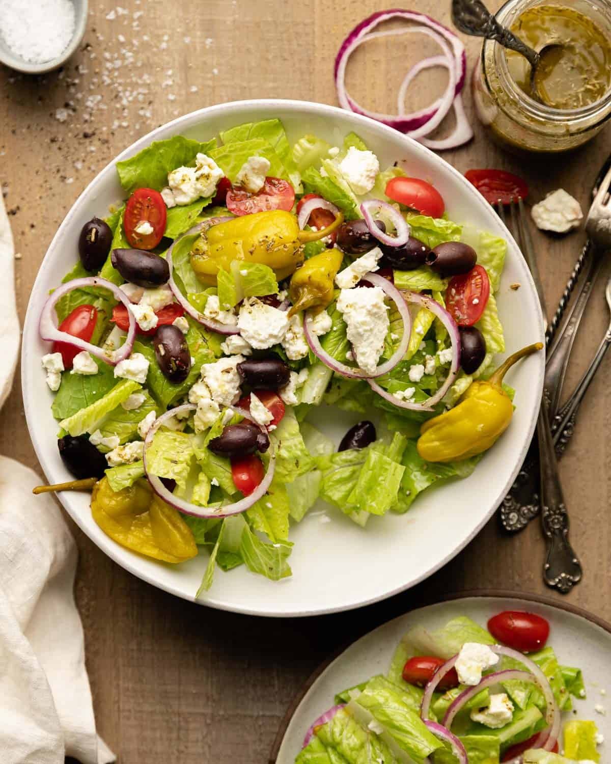 Overhead image of Panera Greek salad copycat with garnish.