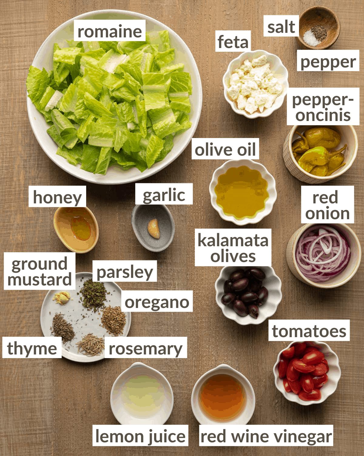 Overhead image of ingredients needed to make Panera Greek salad copycat.