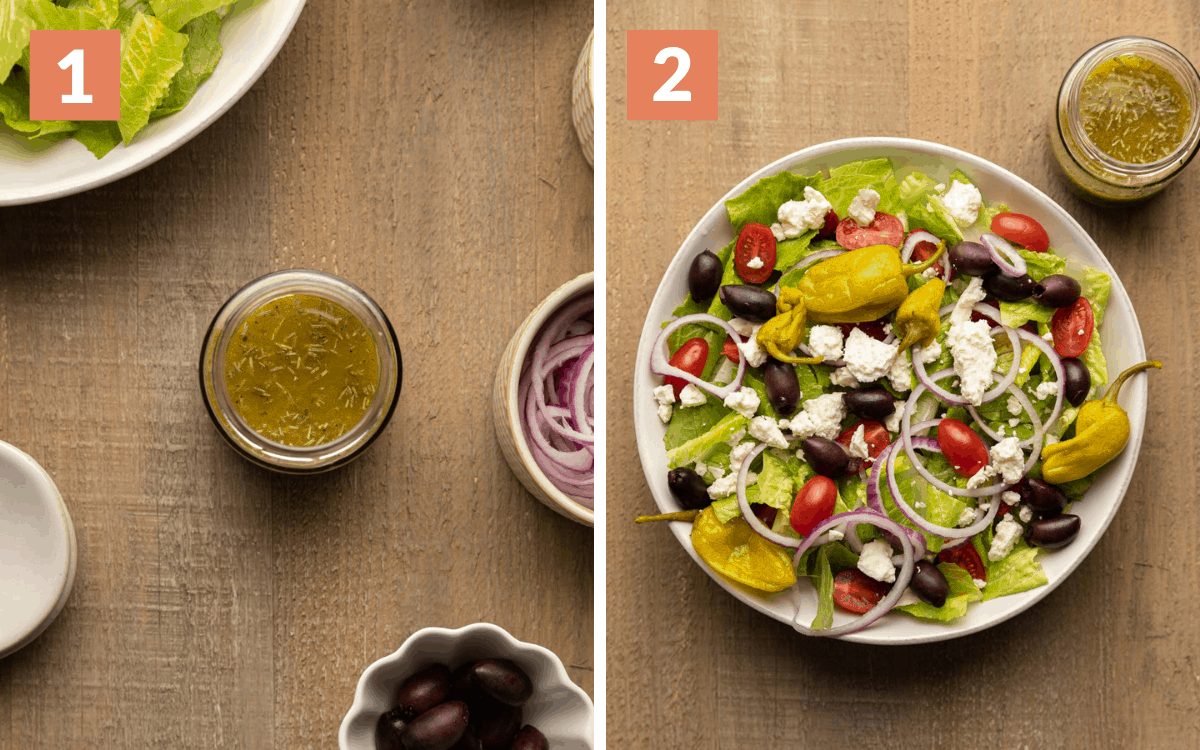 A 2 photo collage showing the assembly of Panera Greek salad copycat.