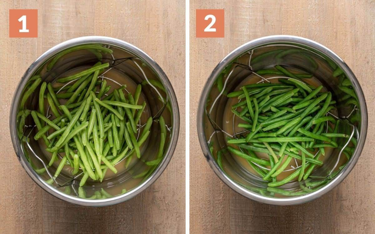steps 1 & 2 green beans uncooked in pot steamed green beans in pot